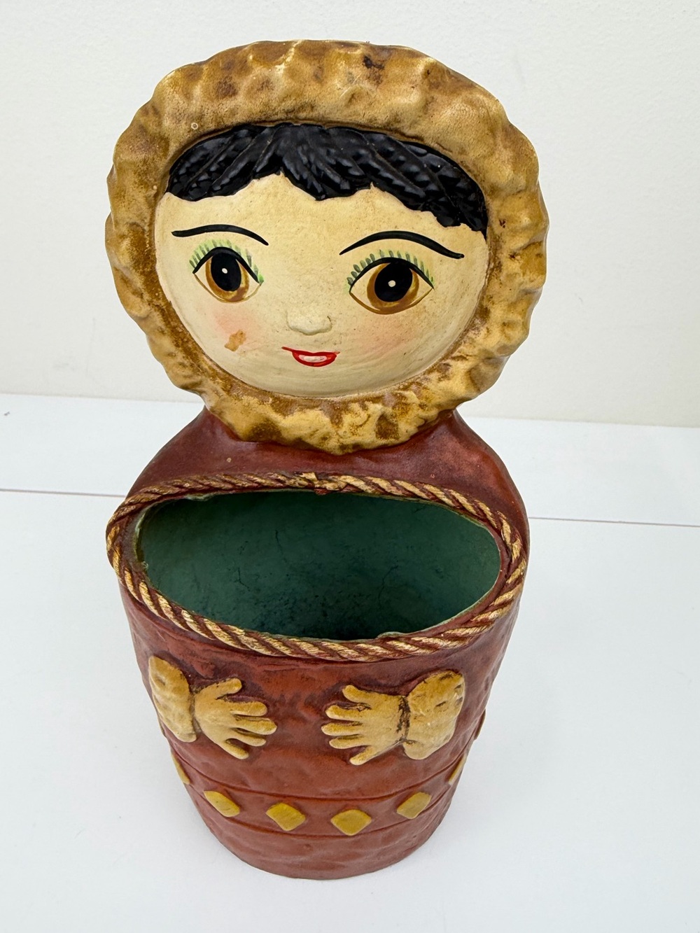 Vintage Papier-Mâché Folk Art Girl Planter Cachepot